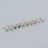 925 Silver Colorful Zircon Flower Stud Earrings in Rose red/Purple/Green Crystal