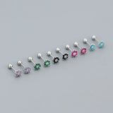 925 Silver Colorful Zircon Flower Stud Earrings in Rose red/Purple/Green Crystal