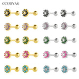 925 Silver Colorful Zircon Flower Stud Earrings in Rose red/Purple/Green Crystal