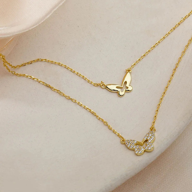 925 Silver Butterfly Necklace Double Layer Clavicle Jewelry