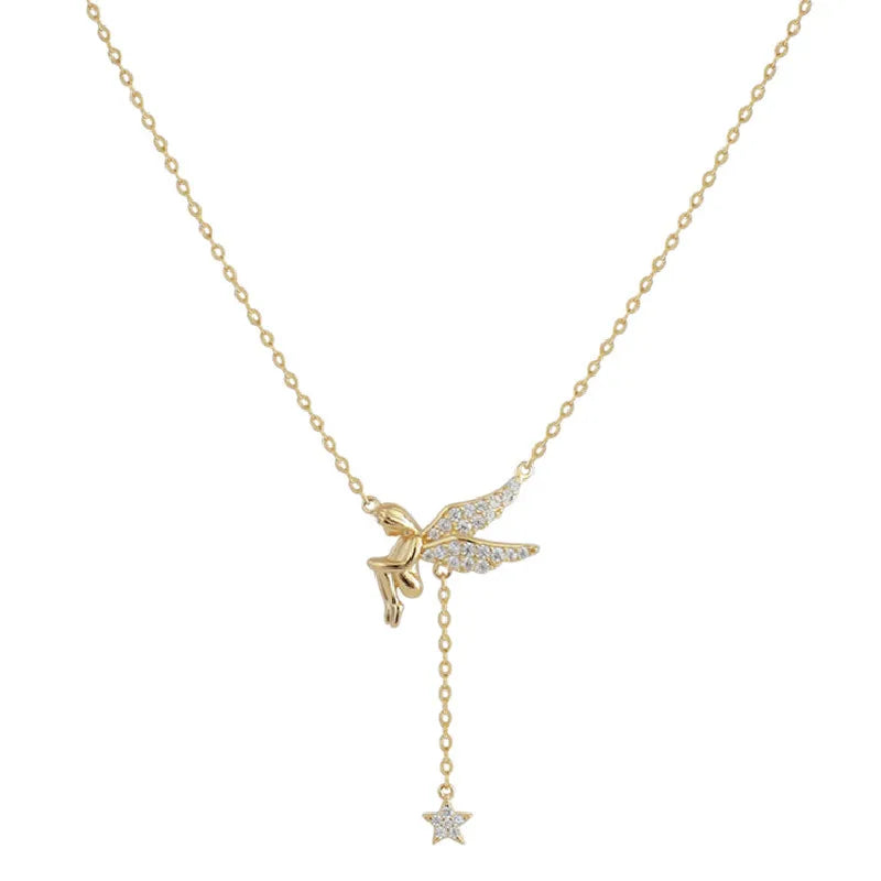 925 Silver Elf Necklace Zircon Angel Light Tassel Star Chain