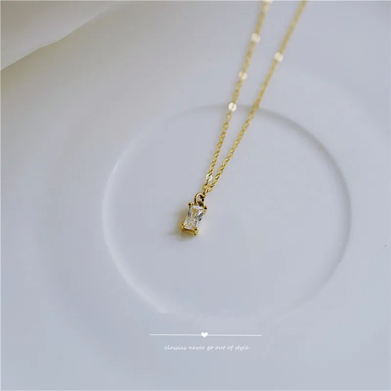 925 Silver Small Square Diamond Pendant Necklace Women 14k Plated Chain