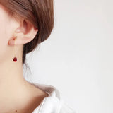 925 Silver Garnet Red Heart Drop Earrings French Chain Piercing Jewelry