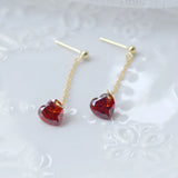 925 Silver Garnet Red Heart Drop Earrings French Chain Piercing Jewelry