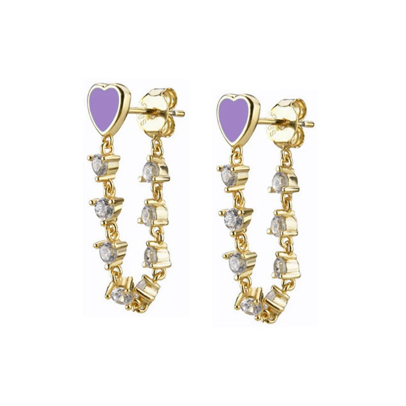 925 Silver Heart Shaped Enamel Zircon Drop Earrings