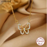 925 Silver Hollow Butterfly Necklace Women French Zircon Chain Wedding Jewelry