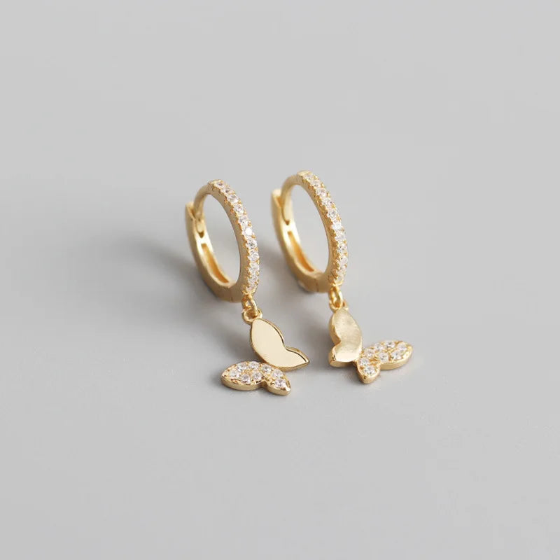 925 Silver Butterfly Pendant Hoop Earrings Zircon Women's Jewelry