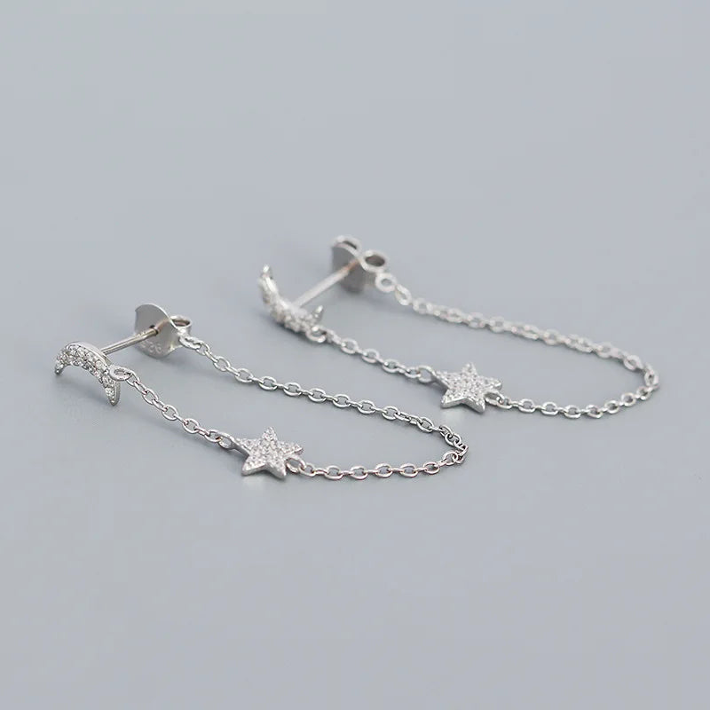 925 Silver Moon Star Tassel Stud Earrings with Crystal