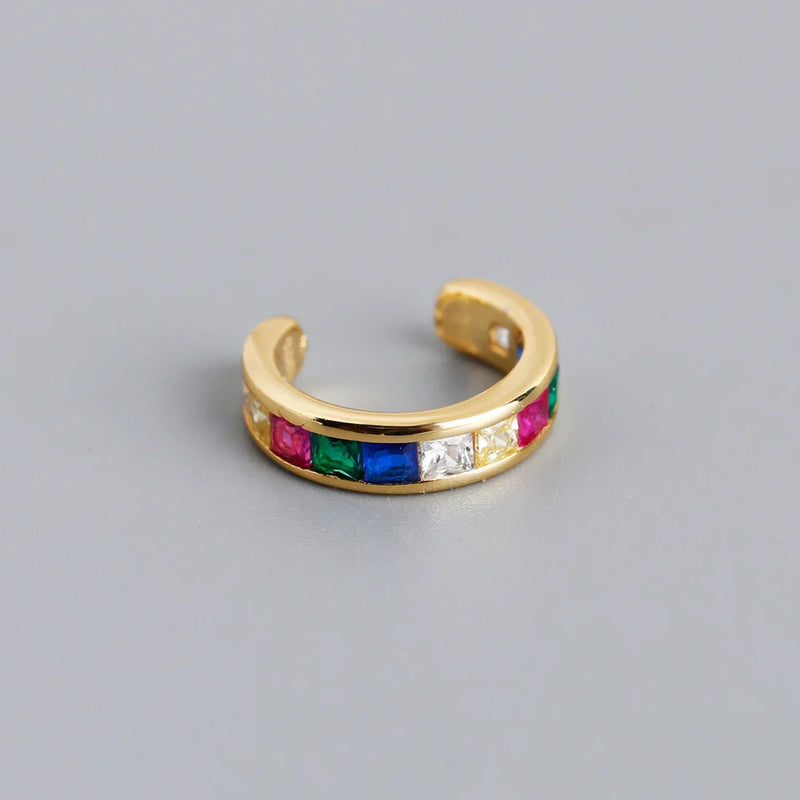 925 Silver Multicolor Crystal Zircon Clip Earrings C-shaped Clip