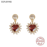 925 Silver Ruby Zircon Heart Earrings French Wedding Party Jewelry