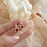 925 Silver Ruby Zircon Heart Earrings French Wedding Party Jewelry