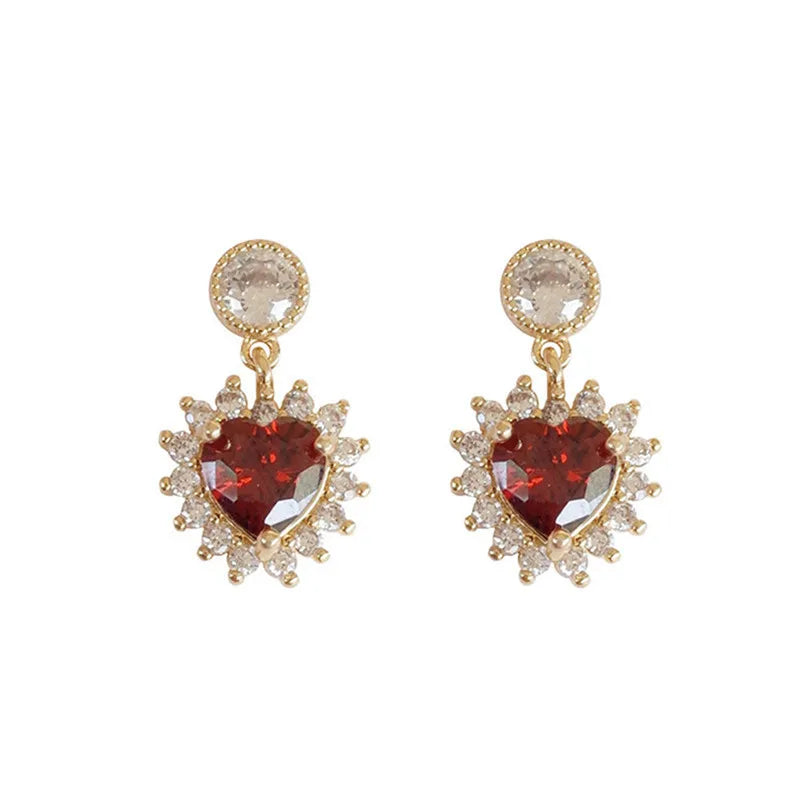 925 Silver Ruby Zircon Heart Earrings French Wedding Party Jewelry