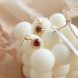 925 Silver Ruby Zircon Heart Earrings French Wedding Party Jewelry