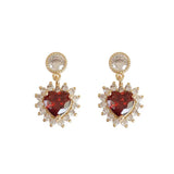 925 Silver Ruby Zircon Heart Earrings French Wedding Party Jewelry