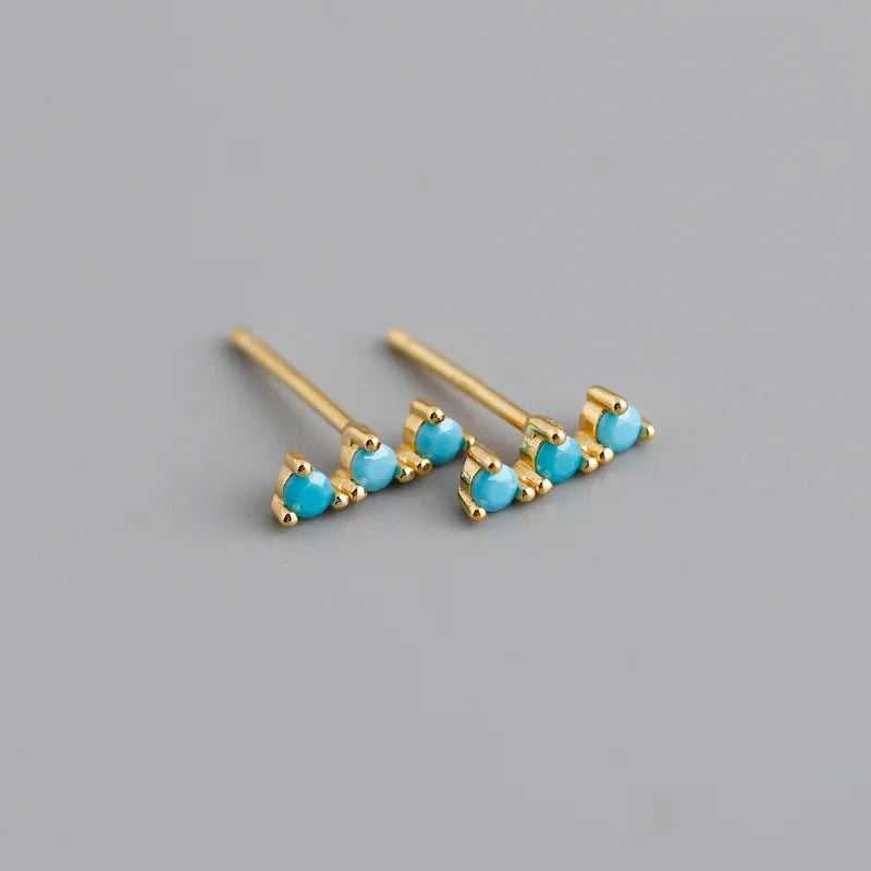925 Silver Single Row 3 Zircon Stud Earrings Turquoise/Black/White CZ