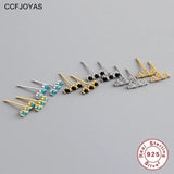 925 Silver Single Row 3 Zircon Stud Earrings Turquoise/Black/White CZ
