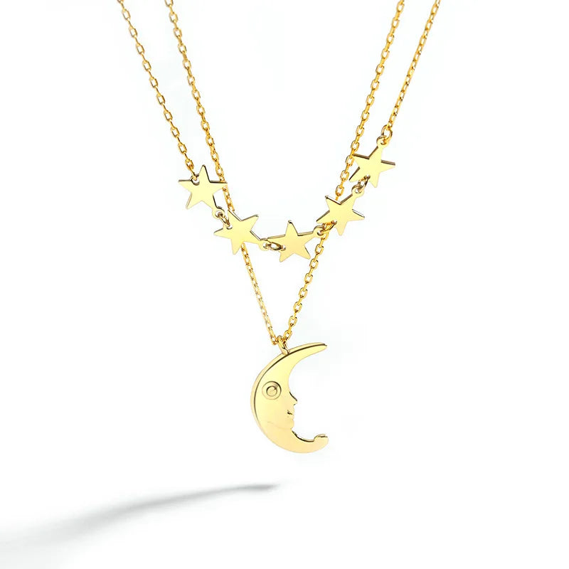 925 Silver Star Moon Double Layer Necklace for Women