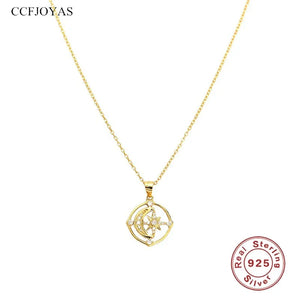 925 Silver Star Moon Zircon Pendant Necklace Women Wedding Party Jewelry