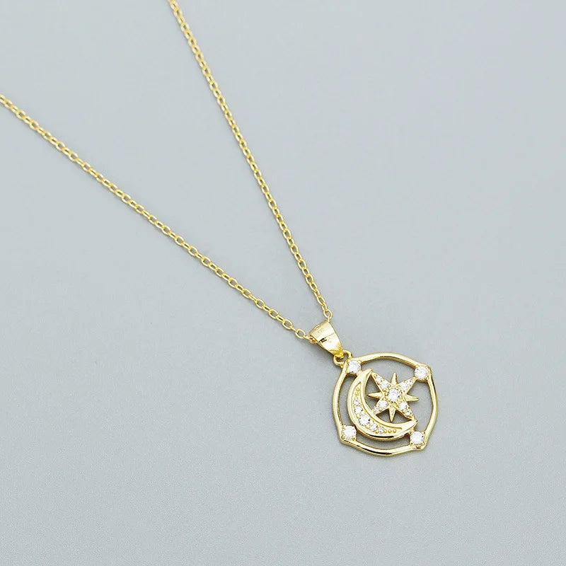 925 Silver Star Moon Zircon Pendant Necklace Women Wedding Party Jewelry
