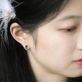 925 Silver Coffee Zircon Stud Earrings Japanese Retro Style Wedding Party