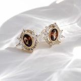 925 Silver Coffee Zircon Stud Earrings Japanese Retro Style Wedding Party