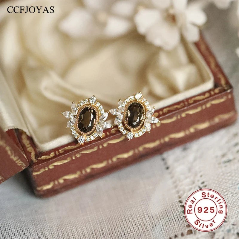 925 Silver Coffee Zircon Stud Earrings Japanese Retro Style Wedding Party