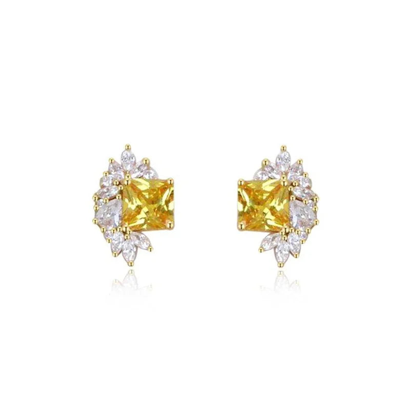 925 Silver Vintage Yellow Zircon Stud Earrings French Wedding Retro Jewelry