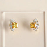 925 Silver Vintage Yellow Zircon Stud Earrings French Wedding Retro Jewelry