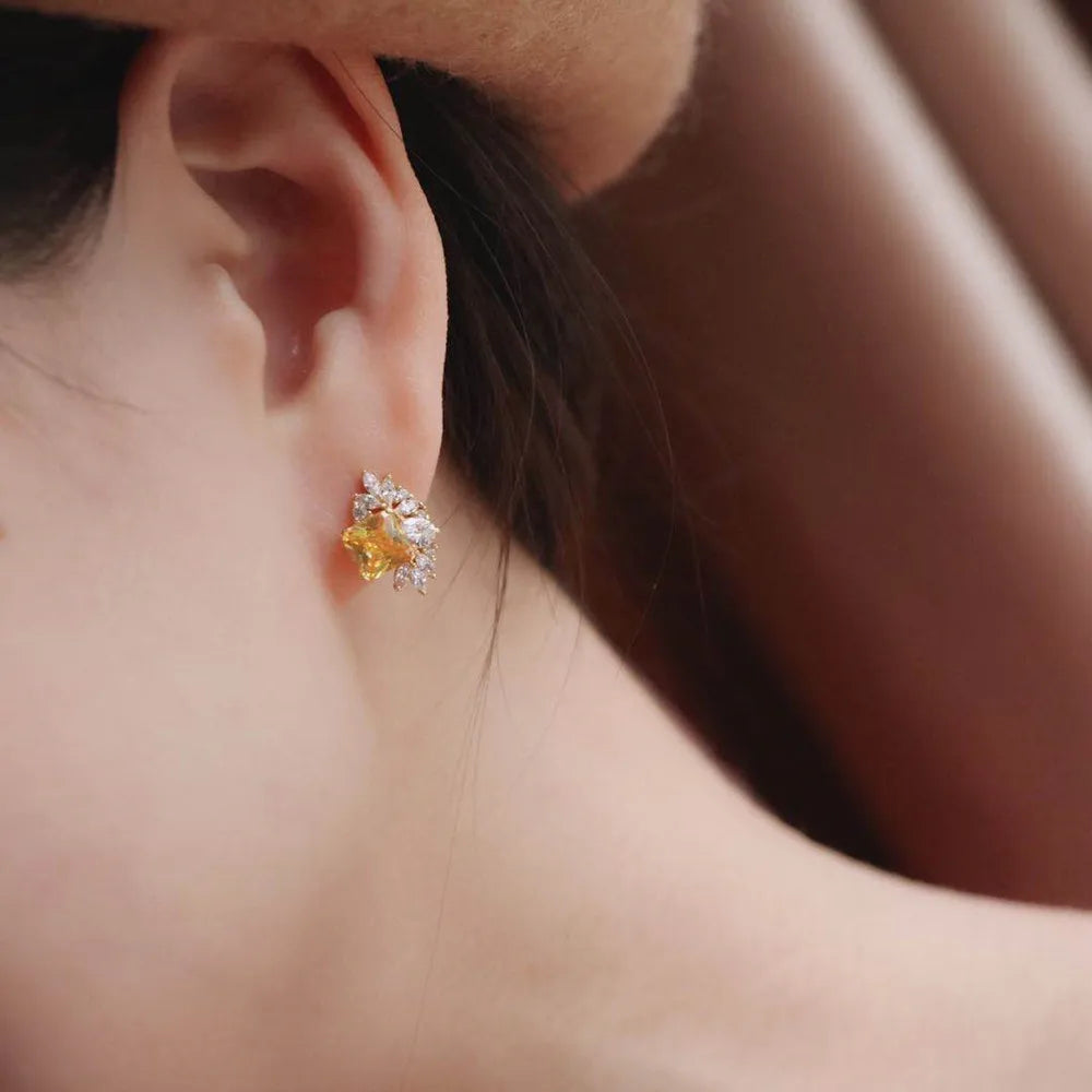925 Silver Vintage Yellow Zircon Stud Earrings French Wedding Retro Jewelry
