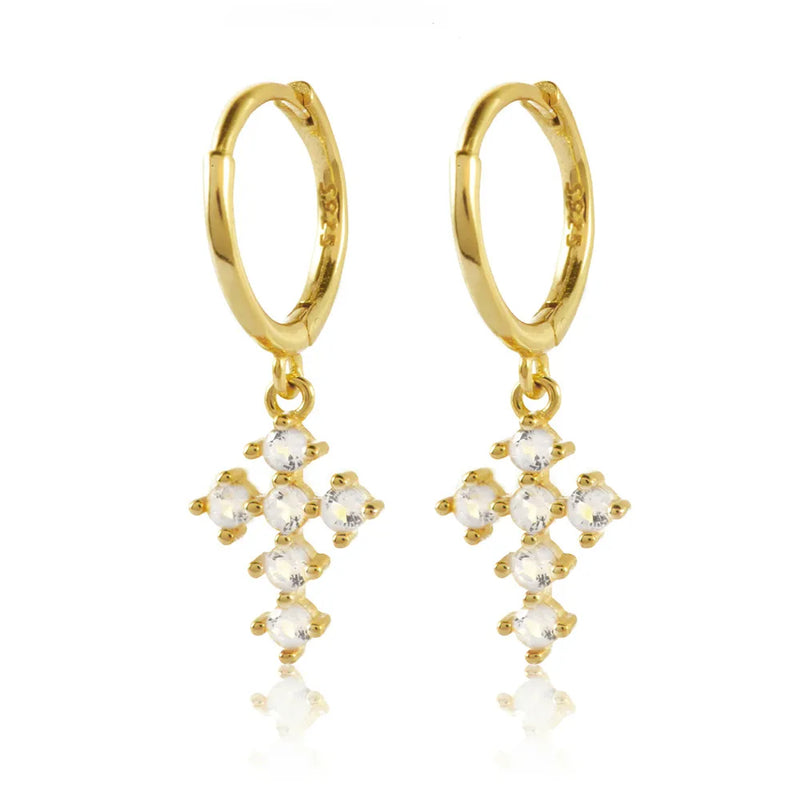 925 Silver Zircon Cross Hoop Earrings French INS Jewelry