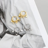 925 Silver Star Moon Pendant Hoop Earrings for Women Punk Silver Jewelry