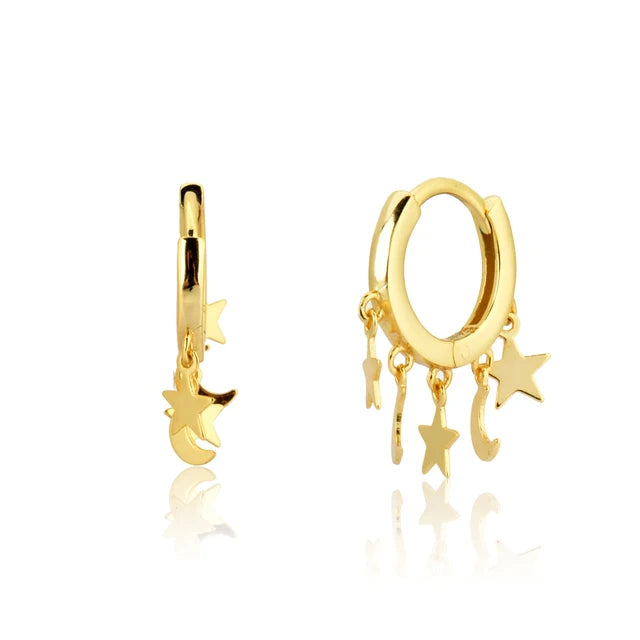 925 Silver Star Moon Pendant Hoop Earrings for Women Punk Silver Jewelry