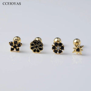 Zircon Flower Stud Earrings 925 Silver Piercing Stackable