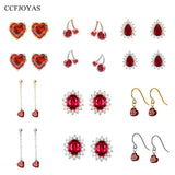 Garnet Red Zircon Heart Stud Earrings 925 Sterling Silver Wedding Jewelry