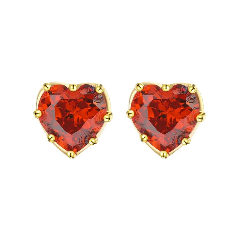 Garnet Red Zircon Heart Stud Earrings 925 Sterling Silver Wedding Jewelry
