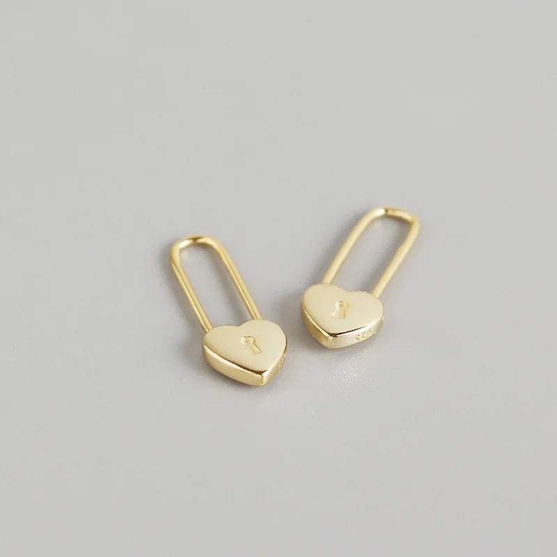 925 Silver Heart Lock Hoop Earrings French Geometric Silver Earrings