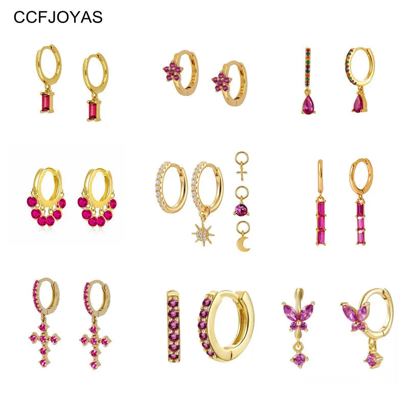 925 Silver Rose Red Zircon Hoop Earrings for Women