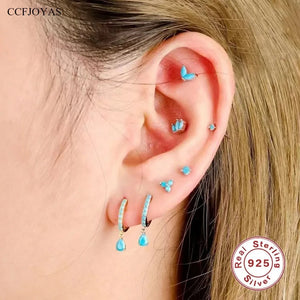 High Marquise Turquoise Earrings 925 Sterling Silver Set Women Stackable
