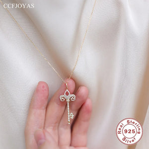 S925 Sterling Silver Key Zircon Pendant Necklace Women Sweater Chain
