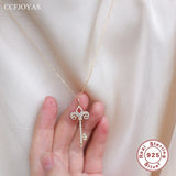 S925 Sterling Silver Key Zircon Pendant Necklace Women Sweater Chain