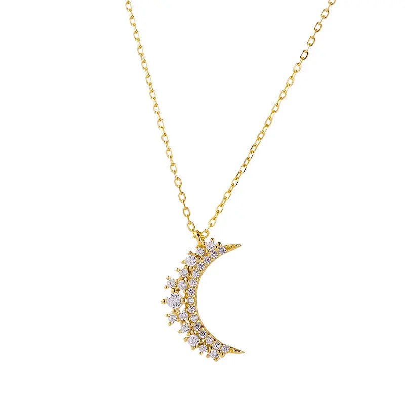 925 Silver Moon Pendant Necklace with Zircon Inlays