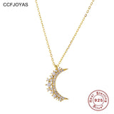 925 Silver Moon Pendant Necklace with Zircon Inlays