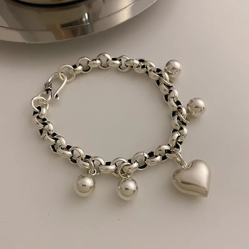 925 Silver Bracelet String of Beads Sweet LOVE Heart Jewelry
