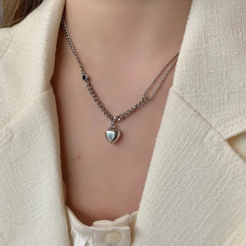 Heart Pendant Necklace 925 Sterling Silver Splicing Chain