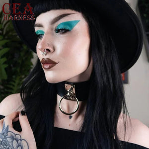 CEA Women PU Leather Harness Necklaces O-ring Choker Sexy Punk Bondage