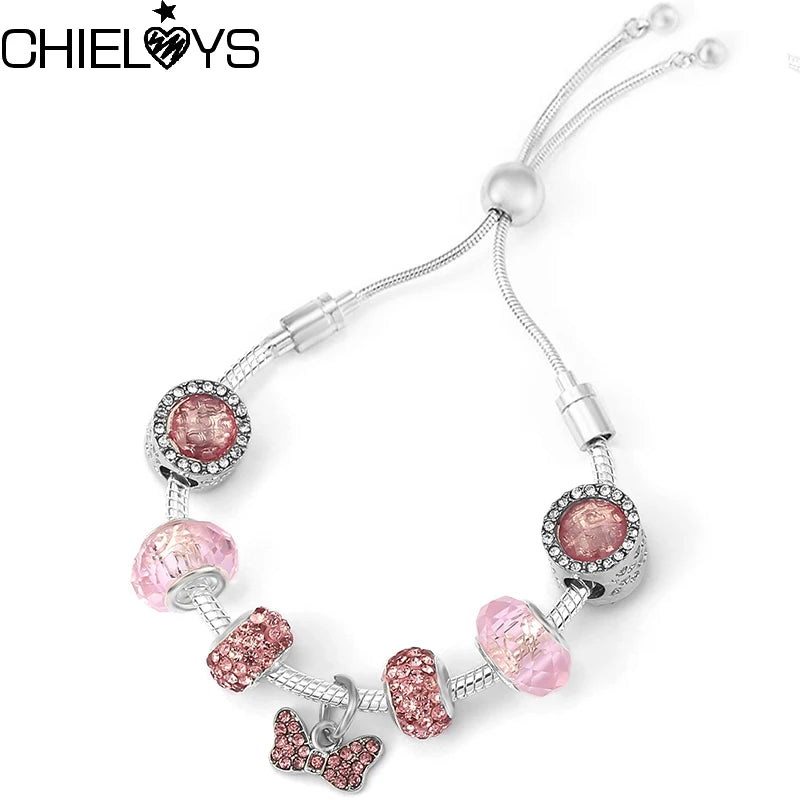 Pink Bowknot Charm Bracelet Silver Plated Chain Women's Jewelry Gift