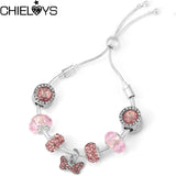Pink Bowknot Charm Bracelet Silver Plated Chain Women's Jewelry Gift