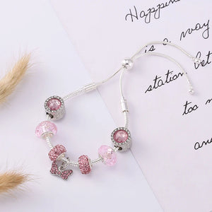 Pink Bowknot Charm Bracelet Silver Plated Chain Women's Jewelry Gift