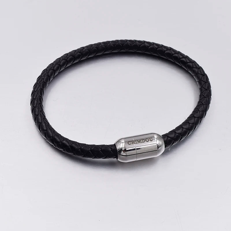 Men's Stainless Steel Clasp Leather Bracelet
