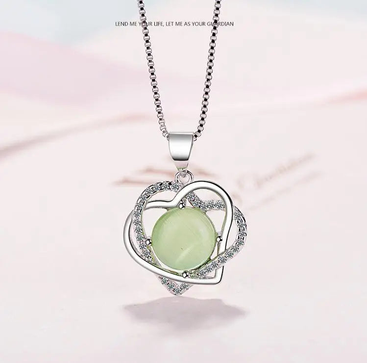 925 Silver Green Opal Stone Flower Heart Pendant Necklaces